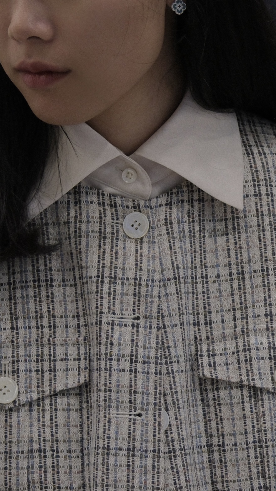 Cardigan Jackets — Grey Check, Collar Detail