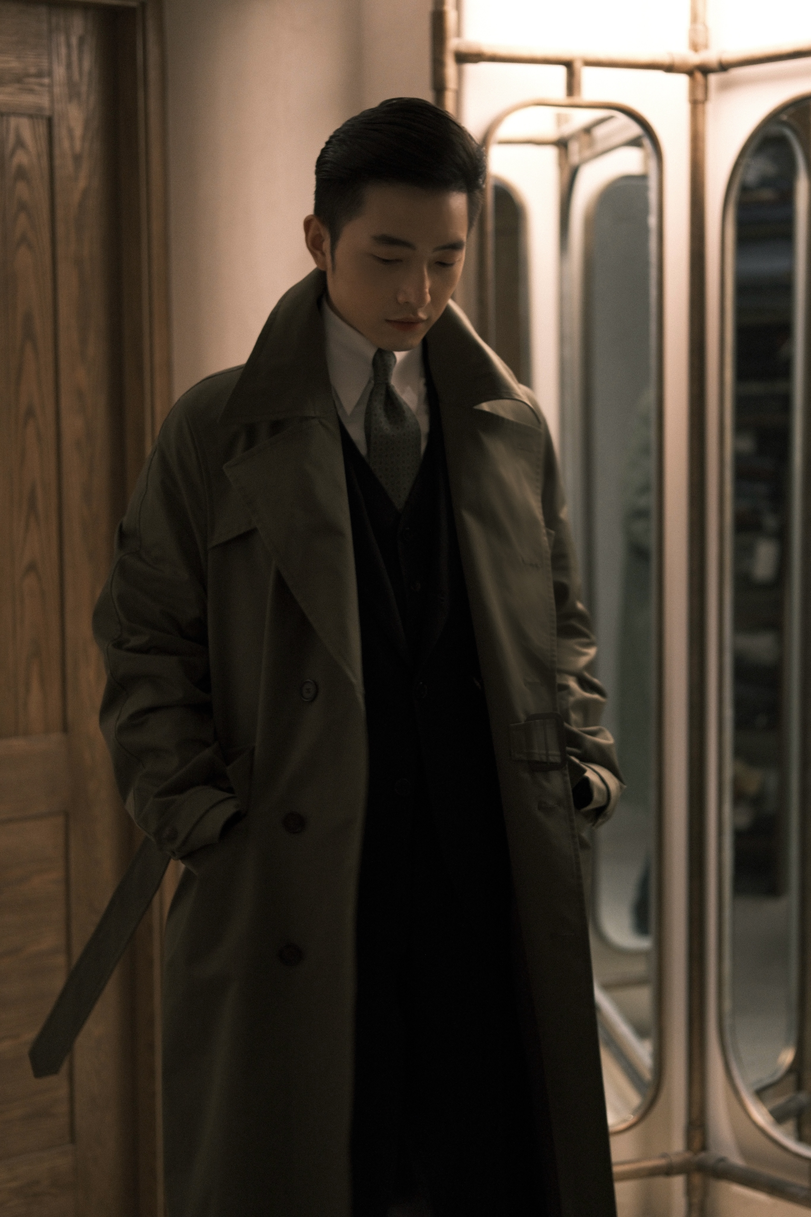 Large Lapel Trench Coat — Front, Worn Open