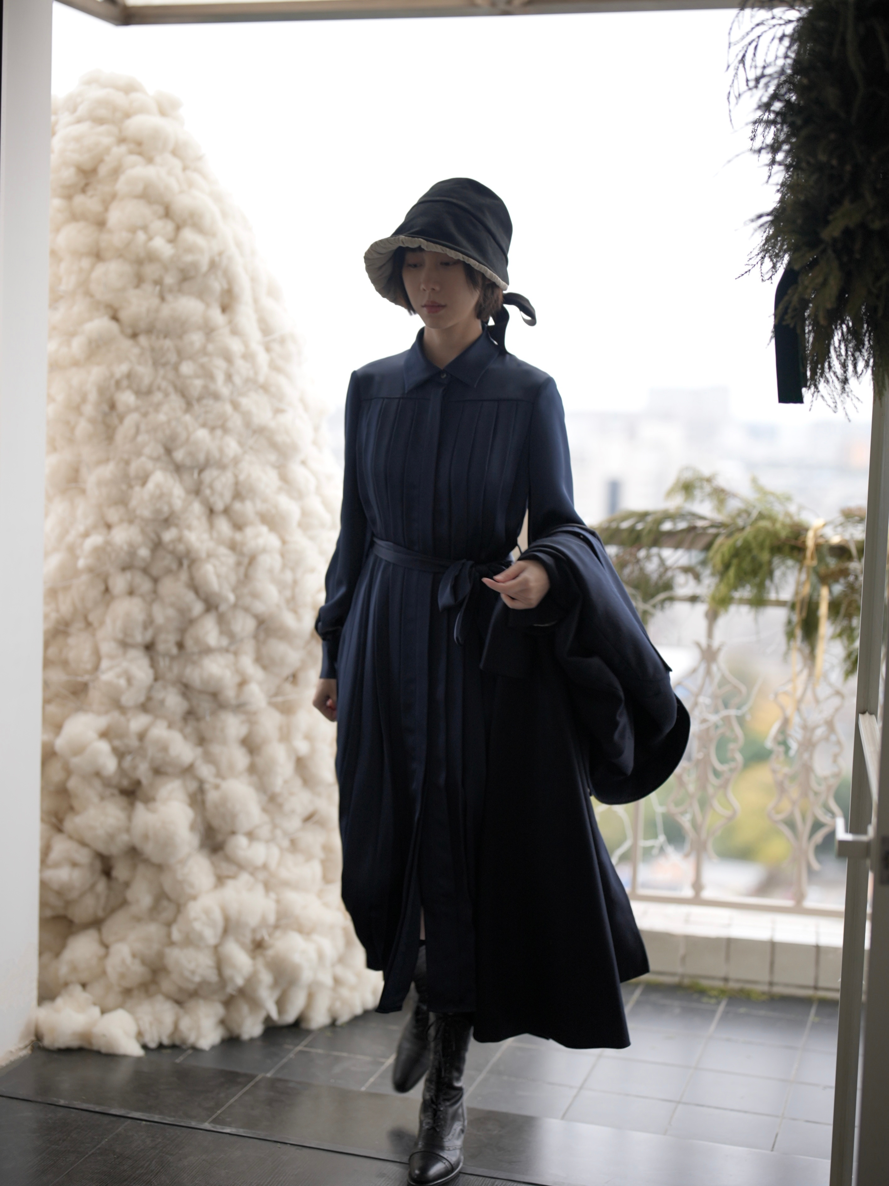 Midnight Pleated Dress — Front Outdoor
