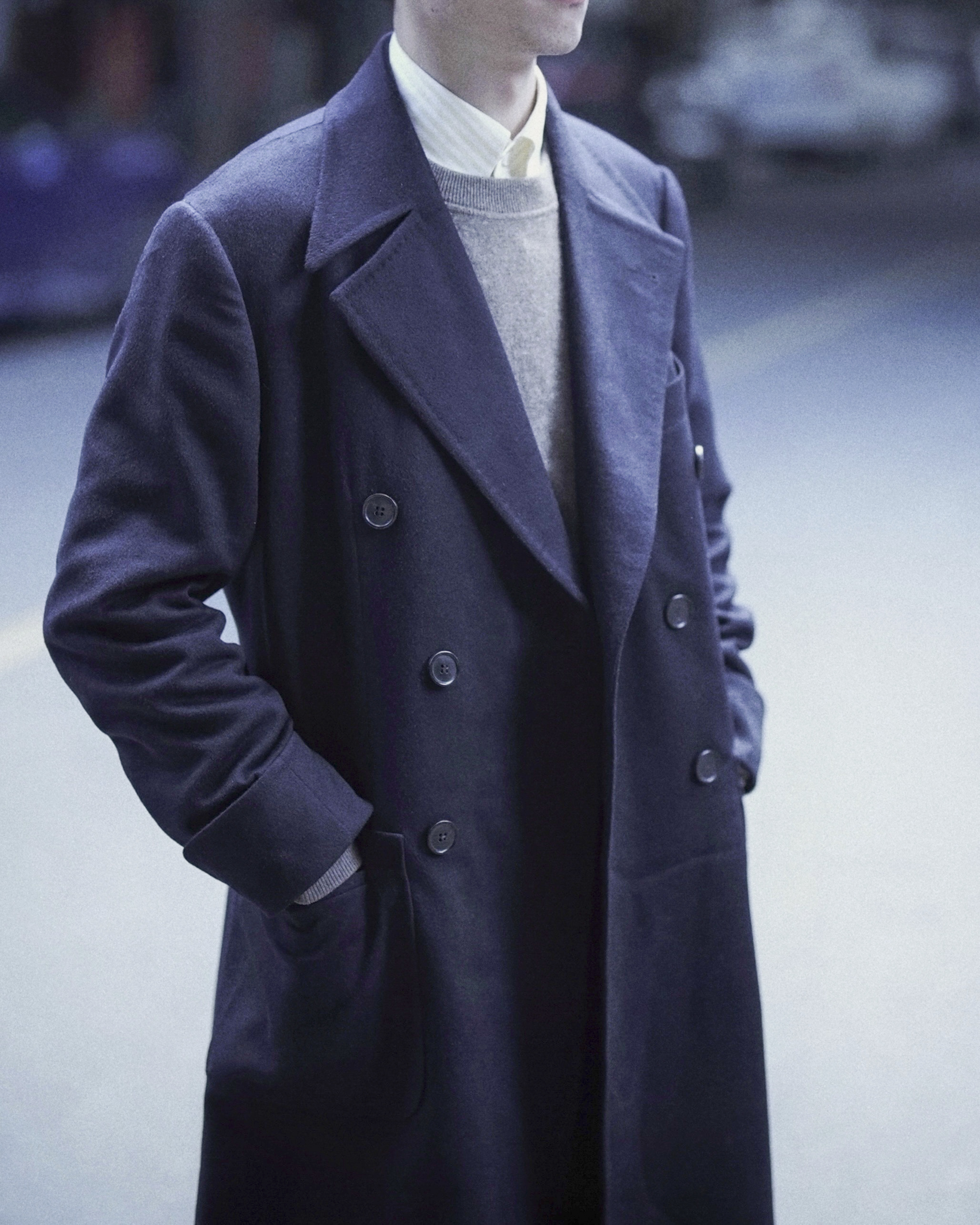 Cashmere Polo Coat — Navy, Front