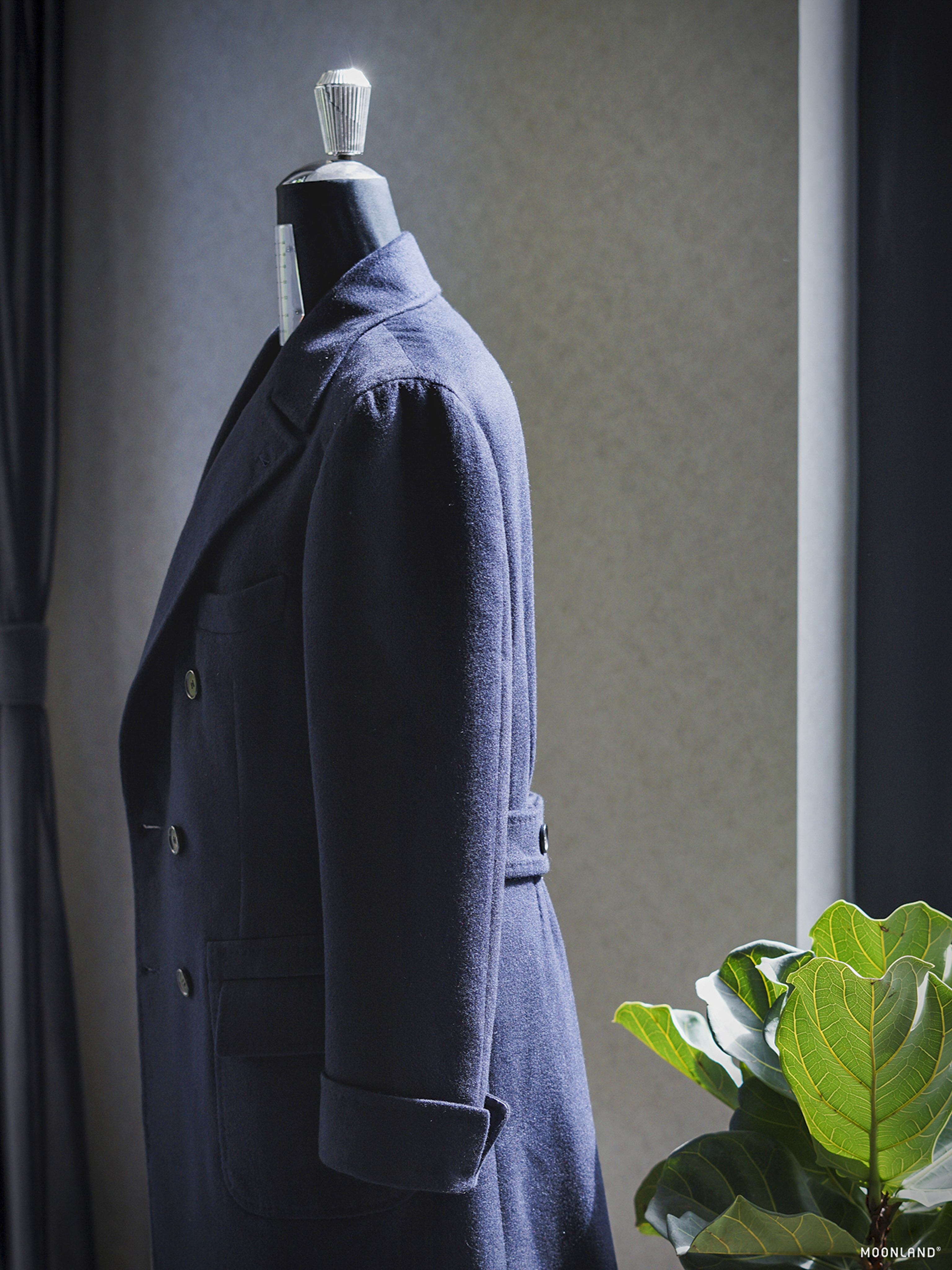 Cashmere Polo Coat — Navy, Mannequin Side