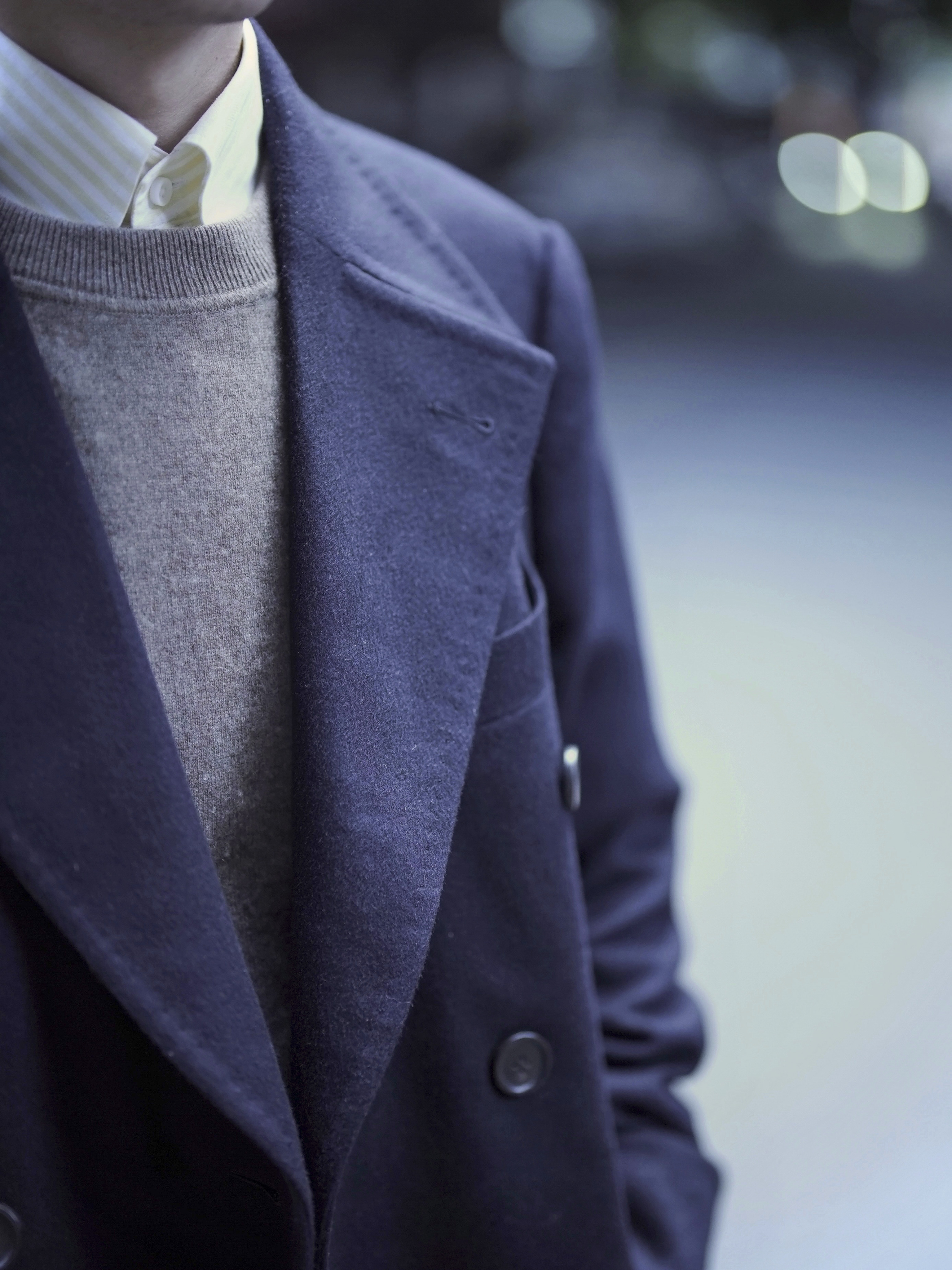 Cashmere Polo Coat — Navy, Lapel Detail
