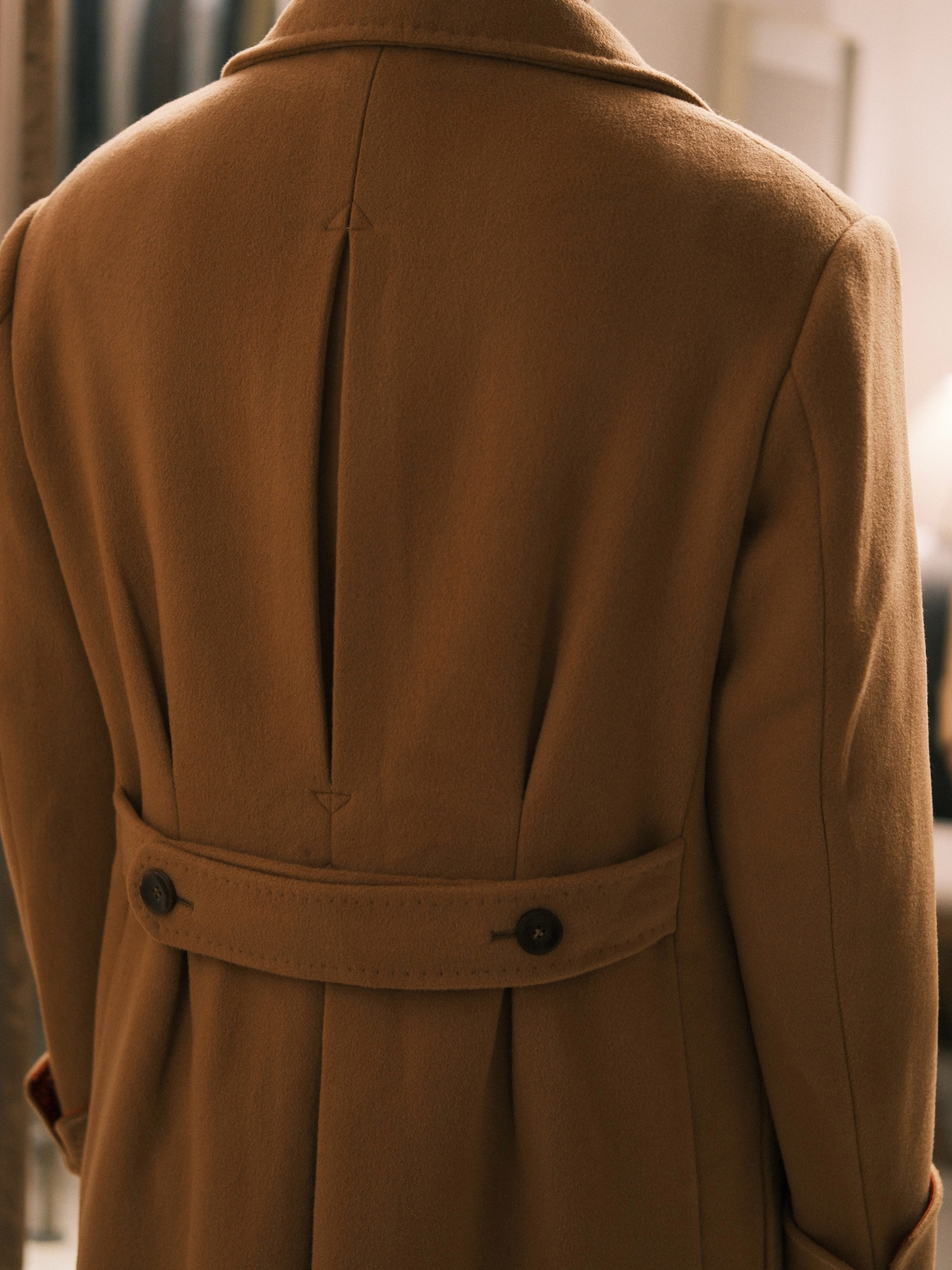 Cashmere Polo Coat — Camel, Back Belt
