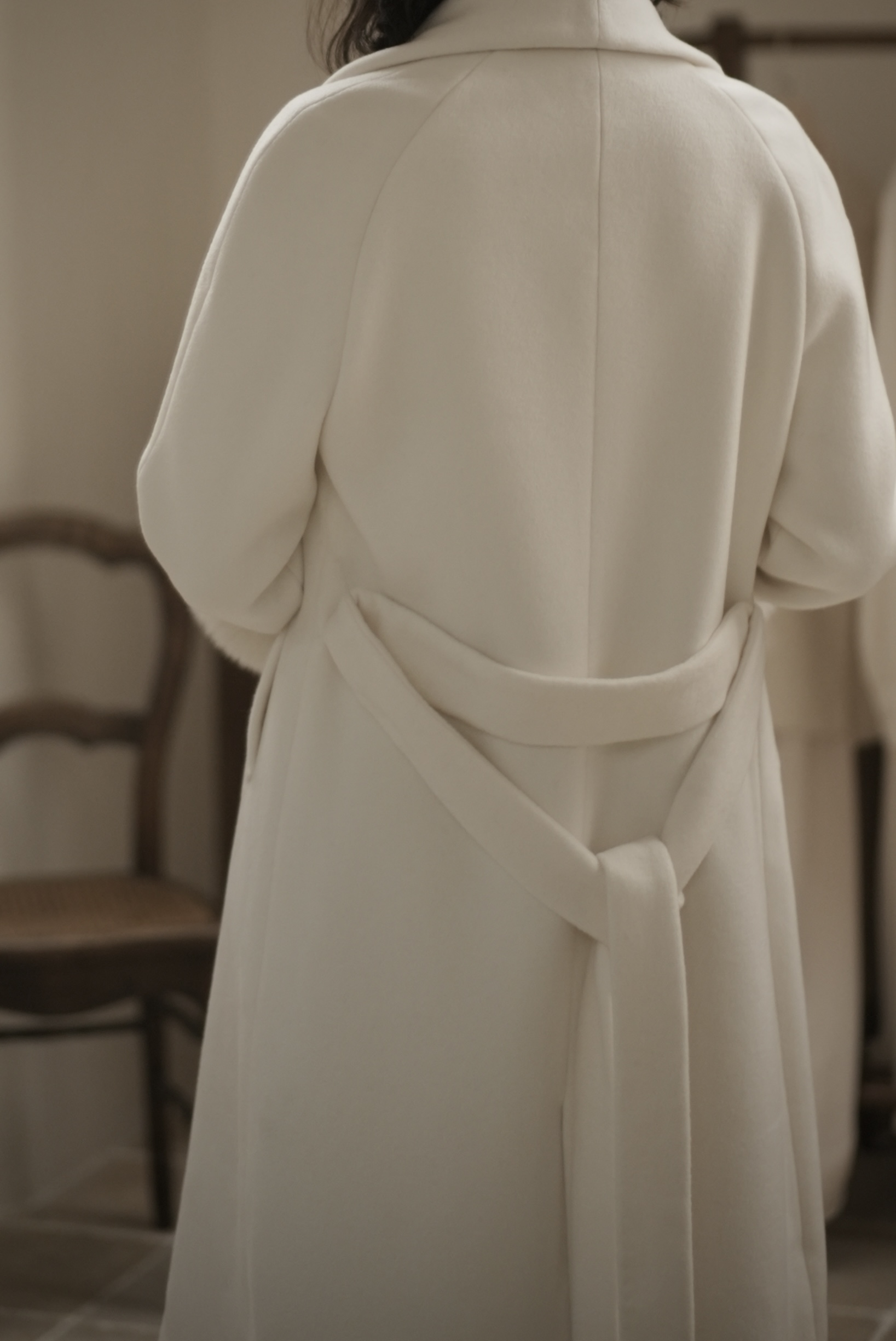 Snow White Cashmere Coat — Back, Belt