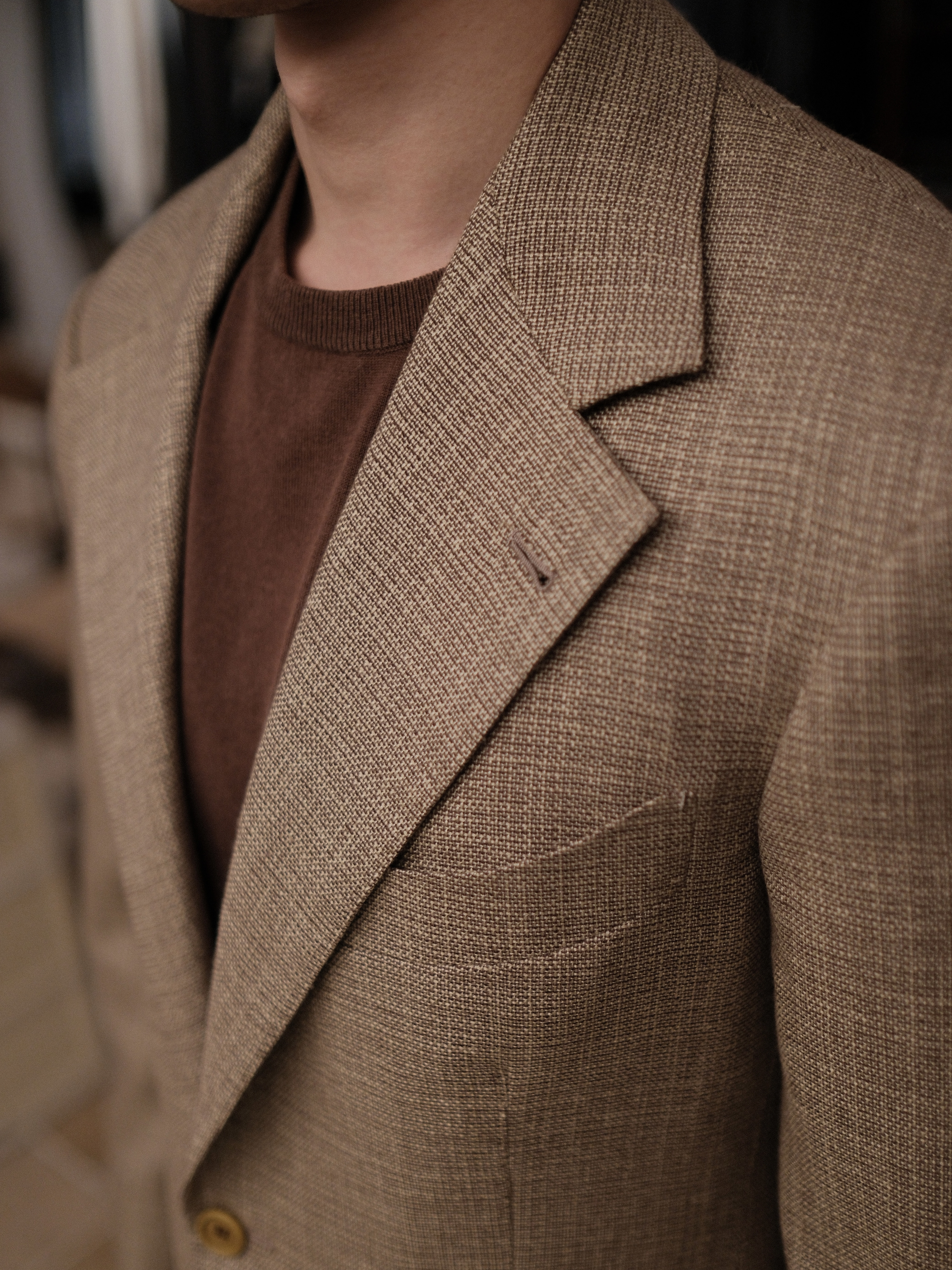 Suit Looks — Tan Linen, Lapel Detail