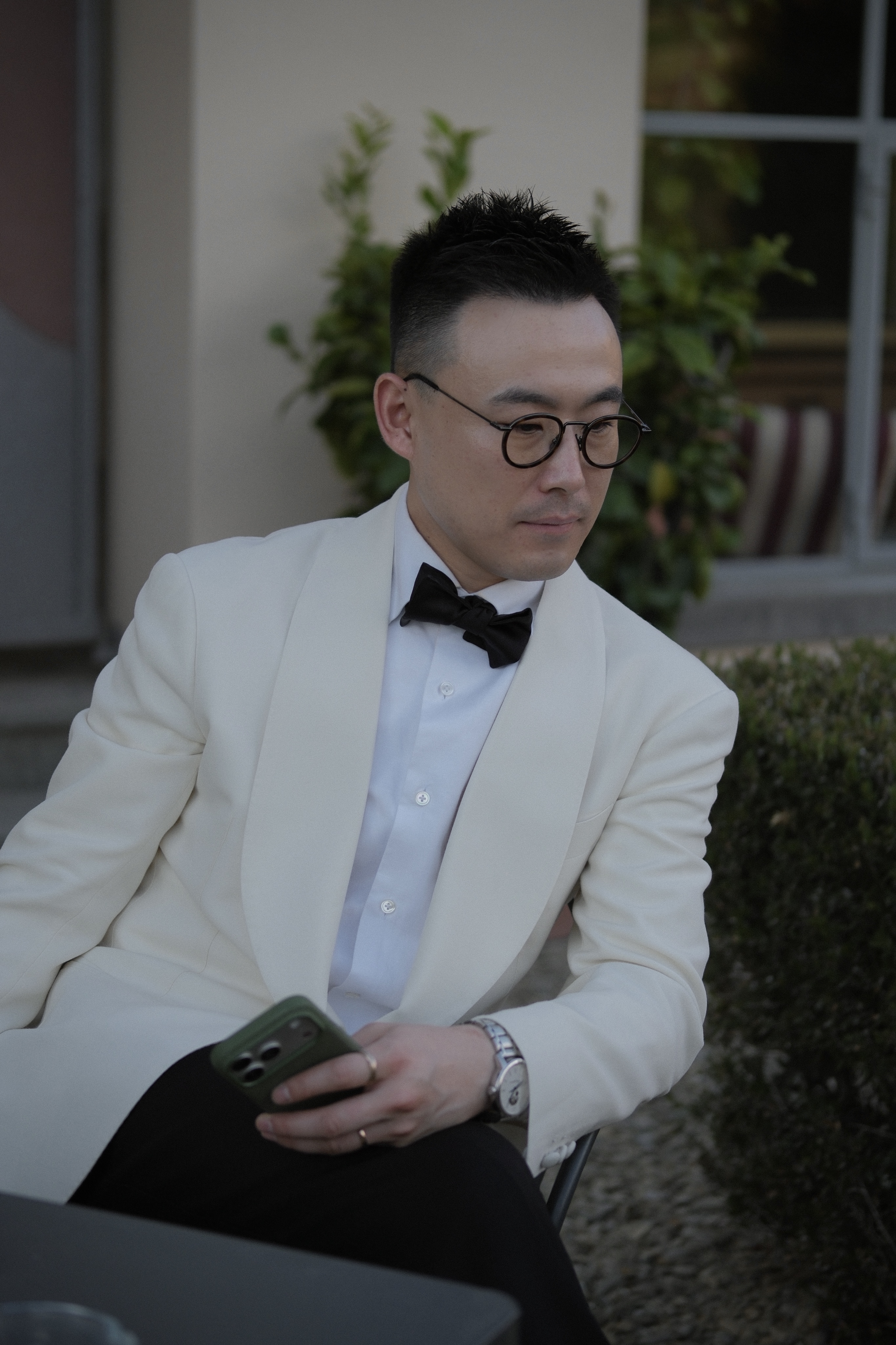 Suit Looks — White Dinner Jacket, Seated